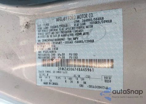 2004 Ford Freestar S из США, поврежденный, VIN 2FMZA50674BA45961